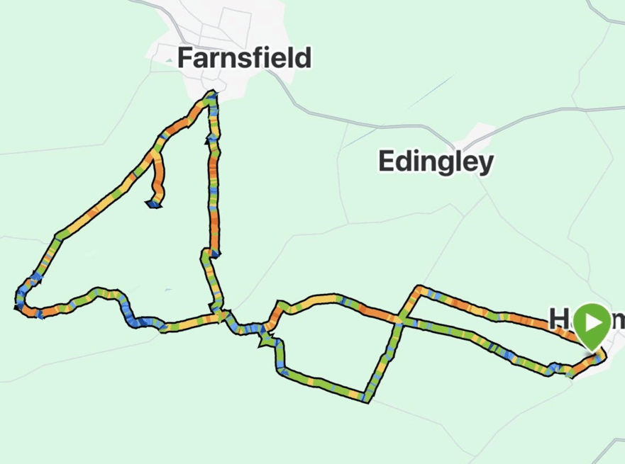 Map showing routes around Farnfield and Edingley, with various colour-coded paths.