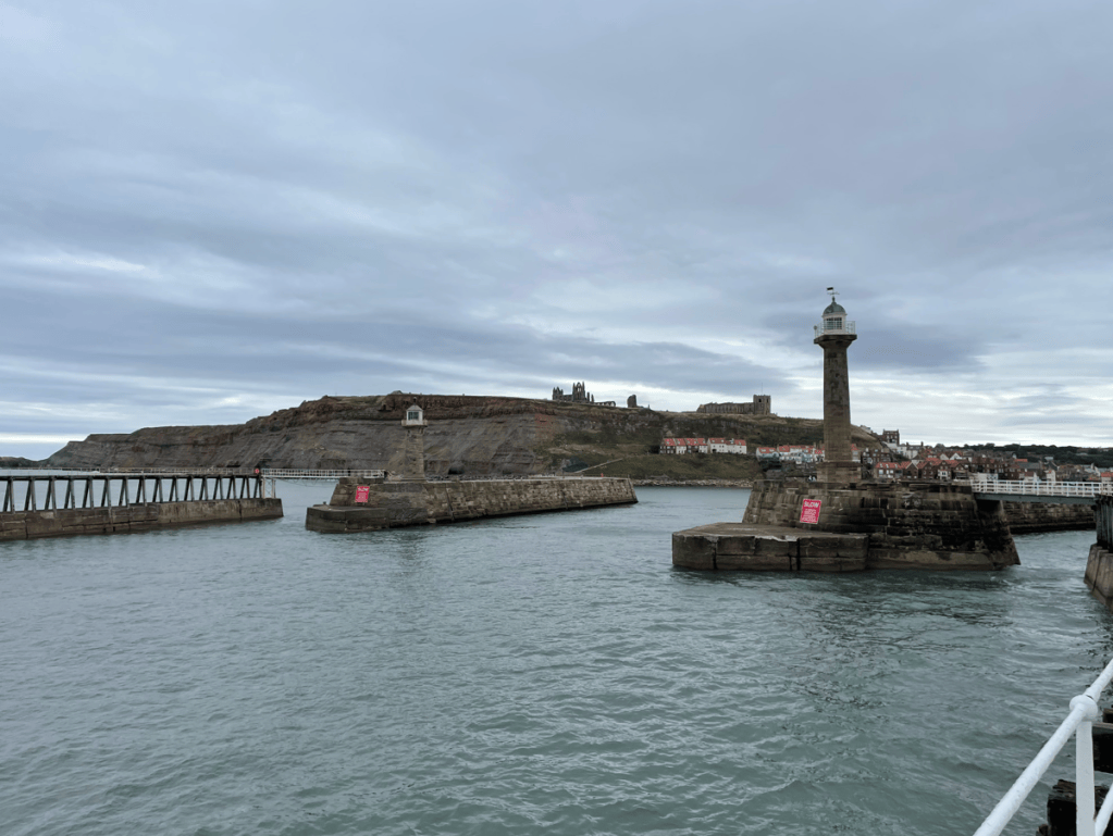 A view of a coastal harbour featuring a lighthouse, two breakwaters, and a backdrop of cliffs and buildings under a cloudy sky.