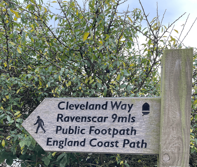 Wooden signpost indicating directions to Cleveland Way and Ravenscar, with details about public footpaths and the England Coast Path, surrounded by greenery.