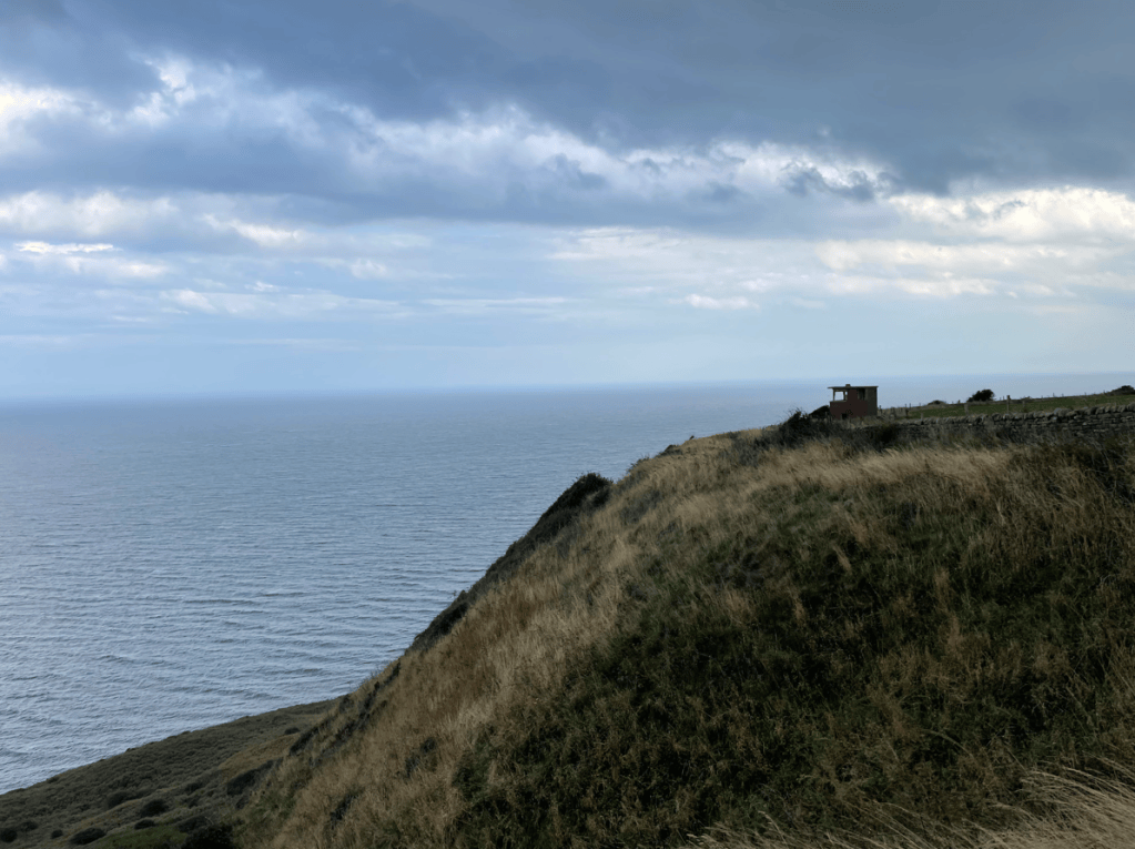 A coastal view overlooking a calm sea with a small wooden structure on a grassy hill under a cloudy sky.