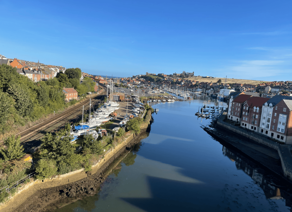 A view of a coastal town with a marina filled with boats, alongside a river and railway tracks. The sky is clear and blue, and the town features buildings and greenery along the waterfront.
