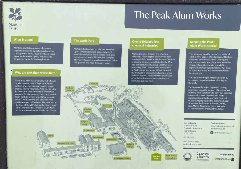 Information board about The Peak Alum Works, detailing the history and significance of alum production, its uses, and the site’s importance as one of Britain's first chemical industries.