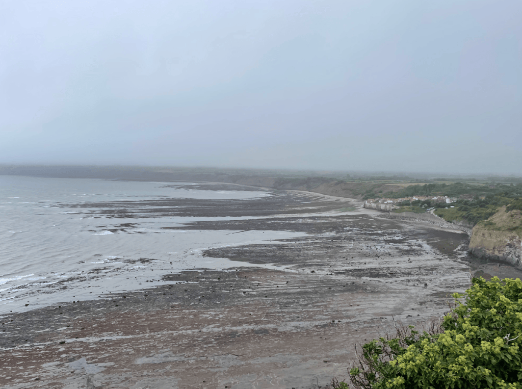 A misty coastal view overlooking a muddy shoreline with low tide, revealing wet sand and rocky areas, bordered by green hills and a small white building in the distance.