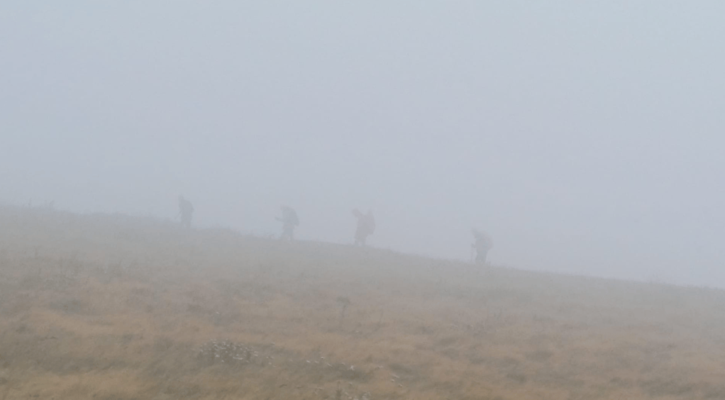 Hikers navigating in foggy weather on a hillside.