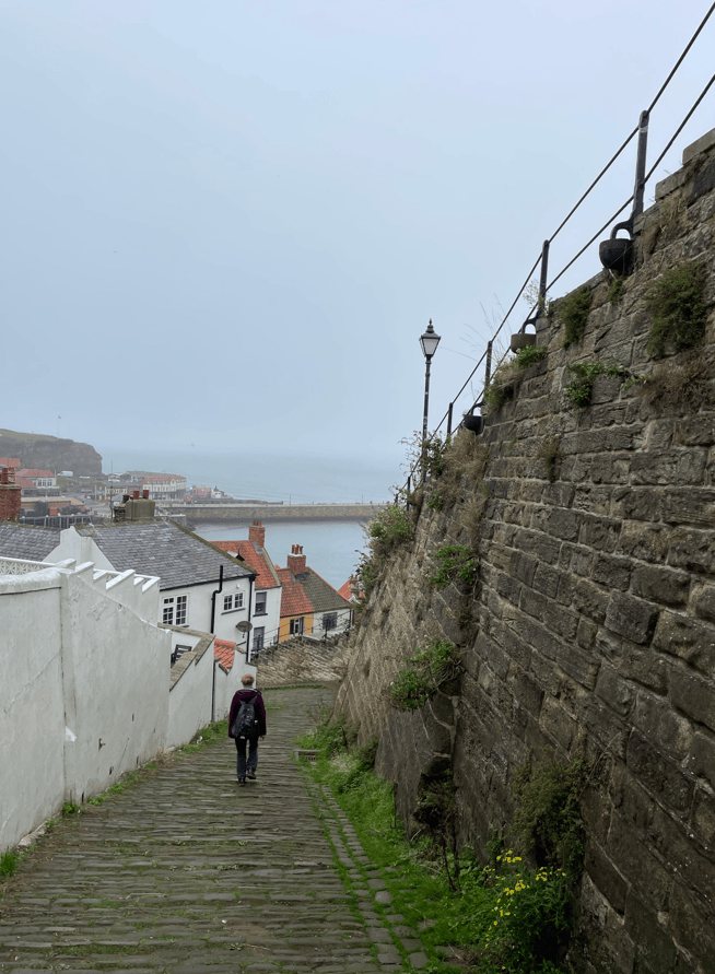 A person walking down a cobbled path beside a stone wall, with a view of a coastal town and foggy waters in the background.