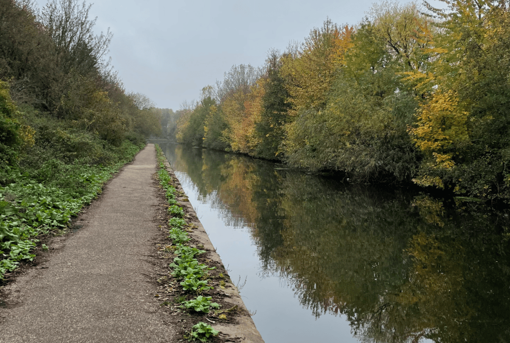 A tranquil canal pathway lined with greenery and autumn-coloured trees reflecting in the water under a cloudy sky.
