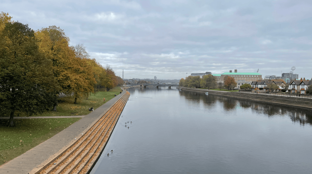 A scenic view of a calm river bordered by trees in autumn colours, with a footpath, and buildings in the background under a cloudy sky.