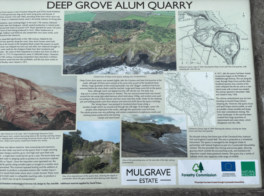 Information board about Deep Grove Alum Quarry, detailing its history, geological significance, and historical maps.