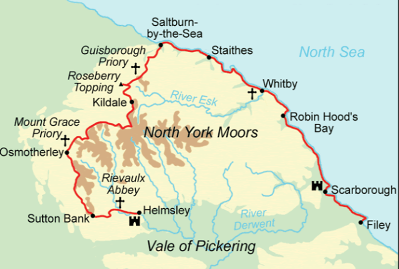 Map of the North York Moors region, highlighting key locations such as Guisborough Priory, Rievaulx Abbey, and several towns including Whitby and Scarborough, alongside major rivers and geographical features.