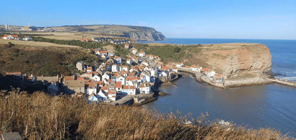 A panoramic view of a coastal village with white and colourful houses nestled at the base of a cliff, overlooking a calm sea with a small harbour.