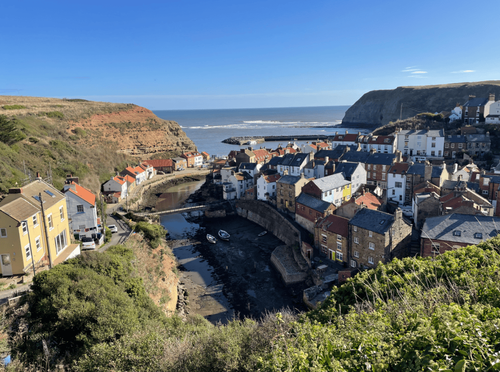 A scenic view of a coastal village with colourful houses lining the waterfront, surrounded by hills and cliffs under a clear blue sky.