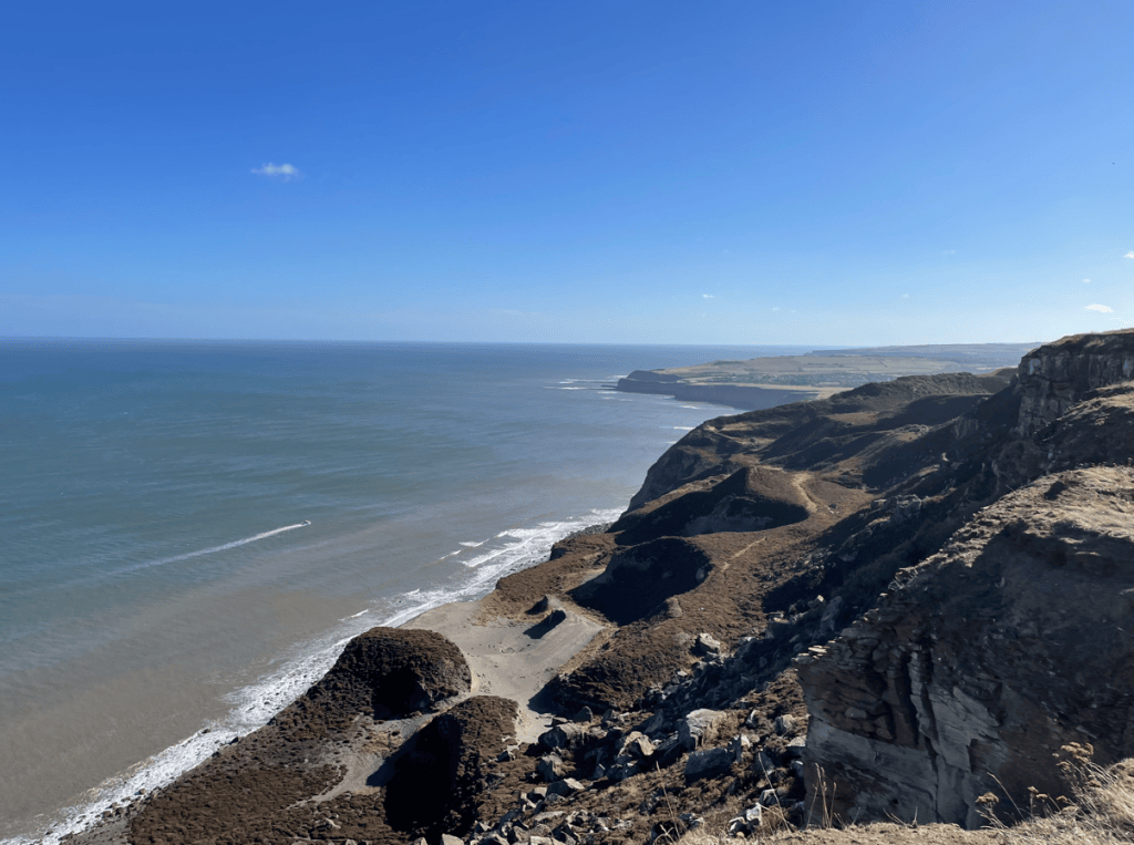 A scenic coastal view from a high cliff, featuring the ocean meeting the sandy shore under a clear blue sky.