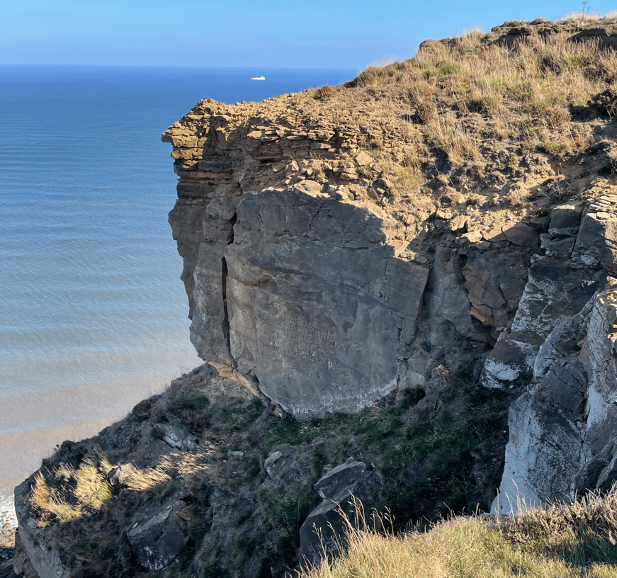 A rocky cliff overlooking a calm sea with a distant ship on the horizon under a clear blue sky.