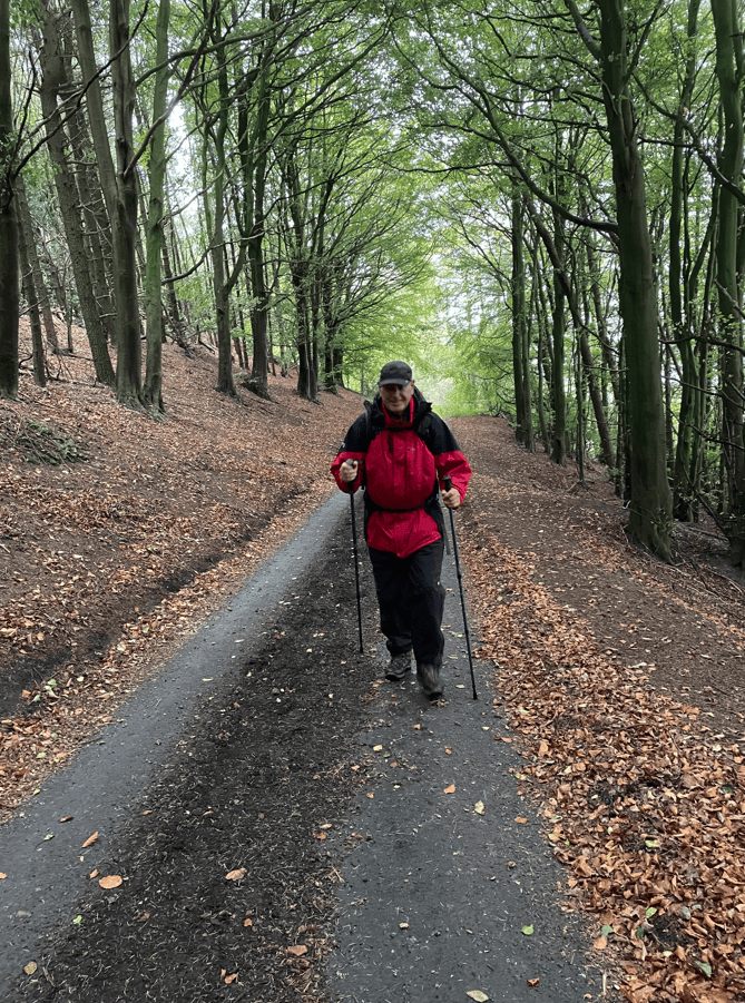 An individual walking along a tree-lined path, wearing a red jacket and using walking poles, surrounded by green foliage and fallen leaves.