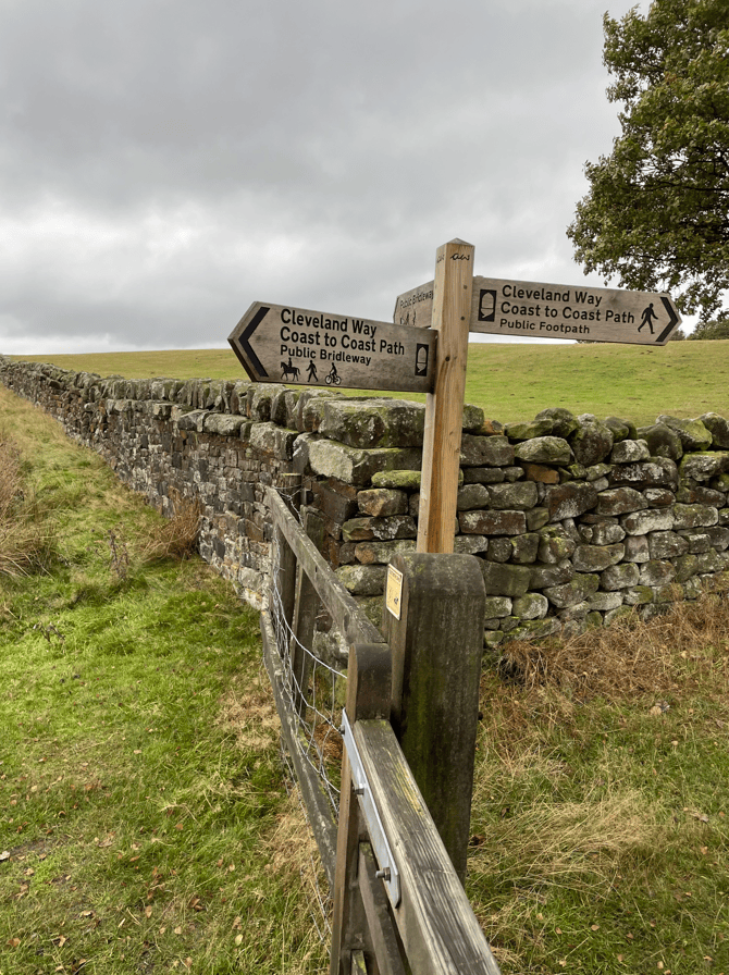 Signposts for the Cleveland Way and Coast to Coast Path, indicating public footpaths and bridleways, alongside a stone wall and green grass under a cloudy sky.
