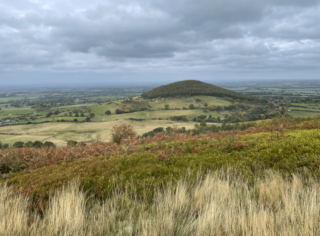 A panoramic view of rolling hills and fields under a cloudy sky, with a prominent hill in the distance surrounded by greenery.