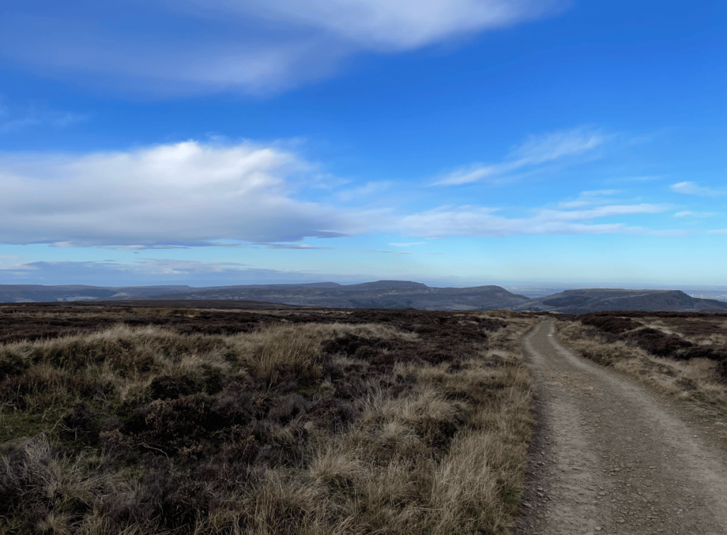 A winding dirt path through heather and grasslands, with a panoramic view of rolling hills and a blue sky with scattered clouds.