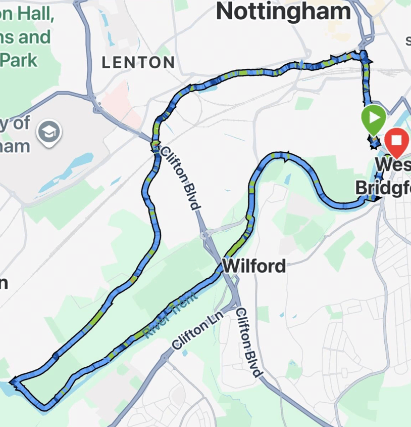 A detailed map of Nottingham featuring a marked route, including areas like Lenton and Wilford along Clifton Boulevard.