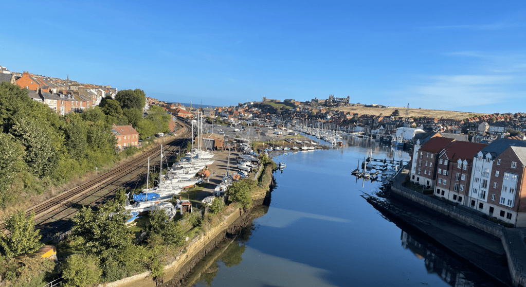 A scenic view of a harbour with moored boats, surrounded by greenery and residential buildings under a clear blue sky.