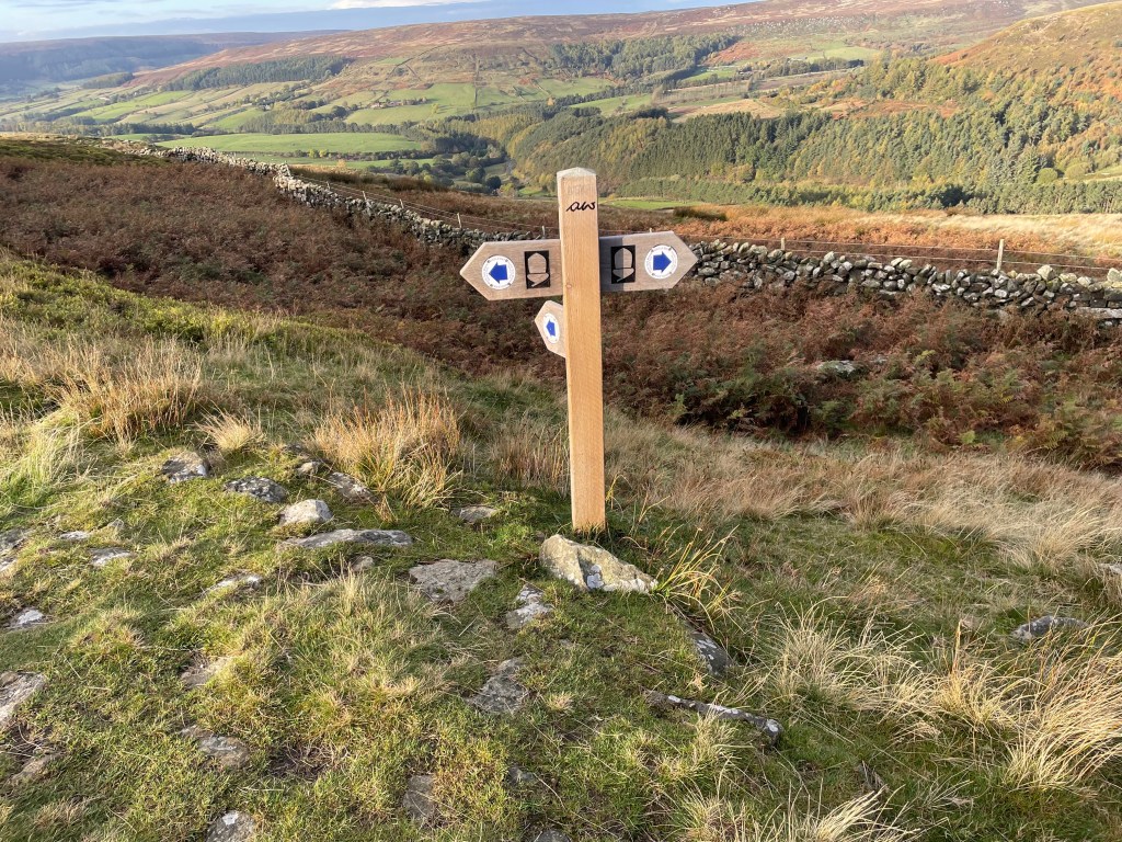 A wooden signpost with directional arrows in a grassy landscape, overlooking a valley with rolling hills and trees.
